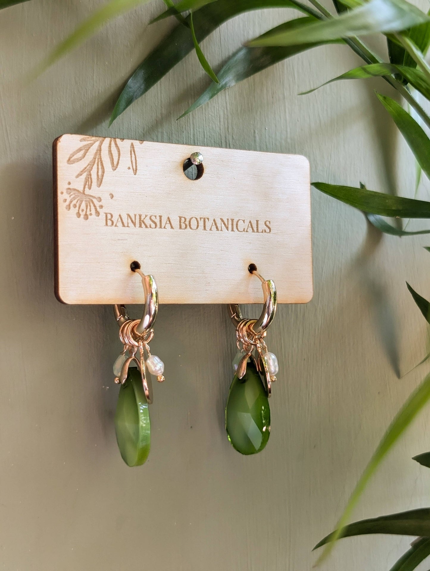 Green Charm Beaded Huggie Earrings