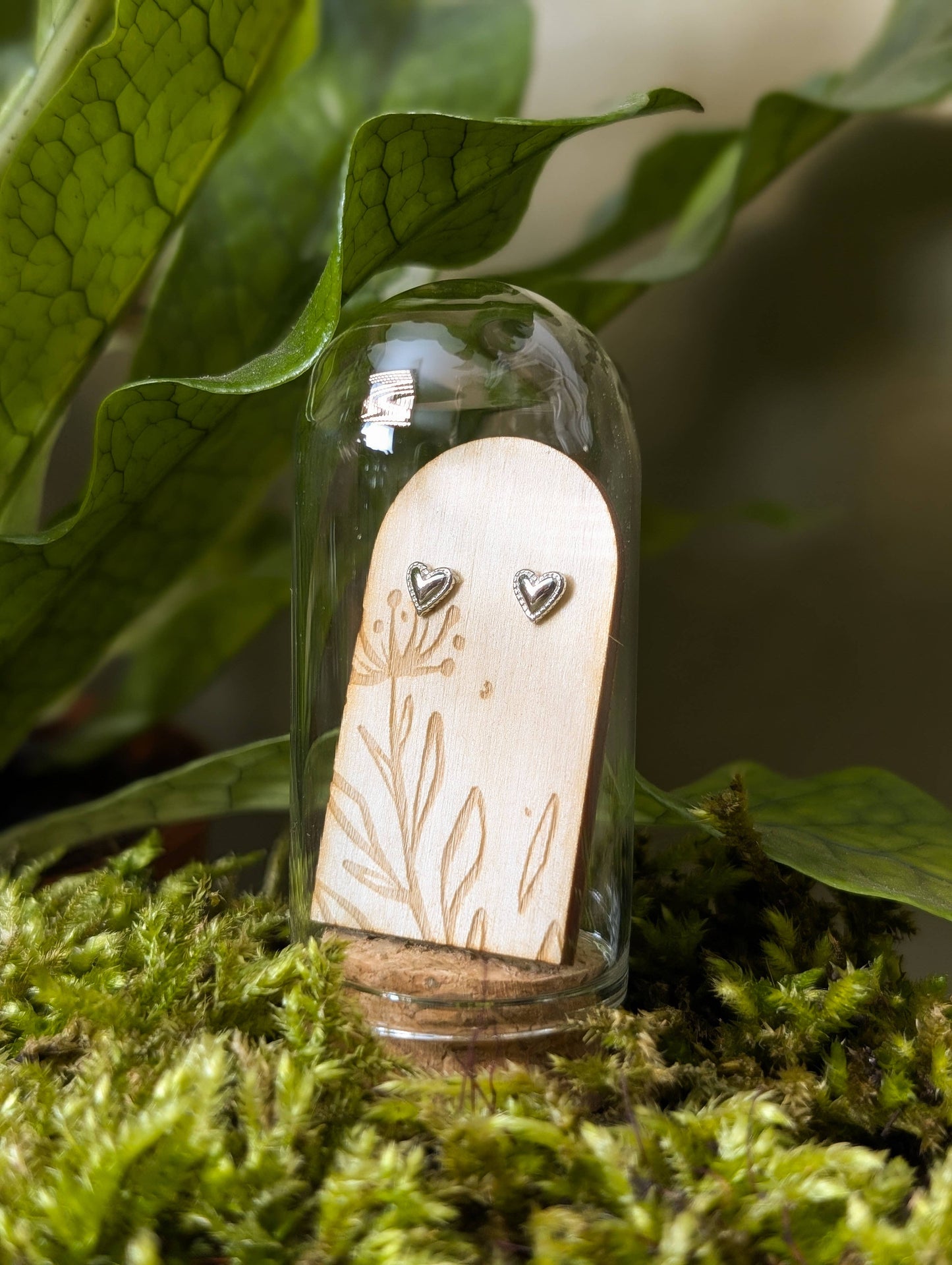 Cute Sterling Silver Heart Studs in Glass Terrarium Tube