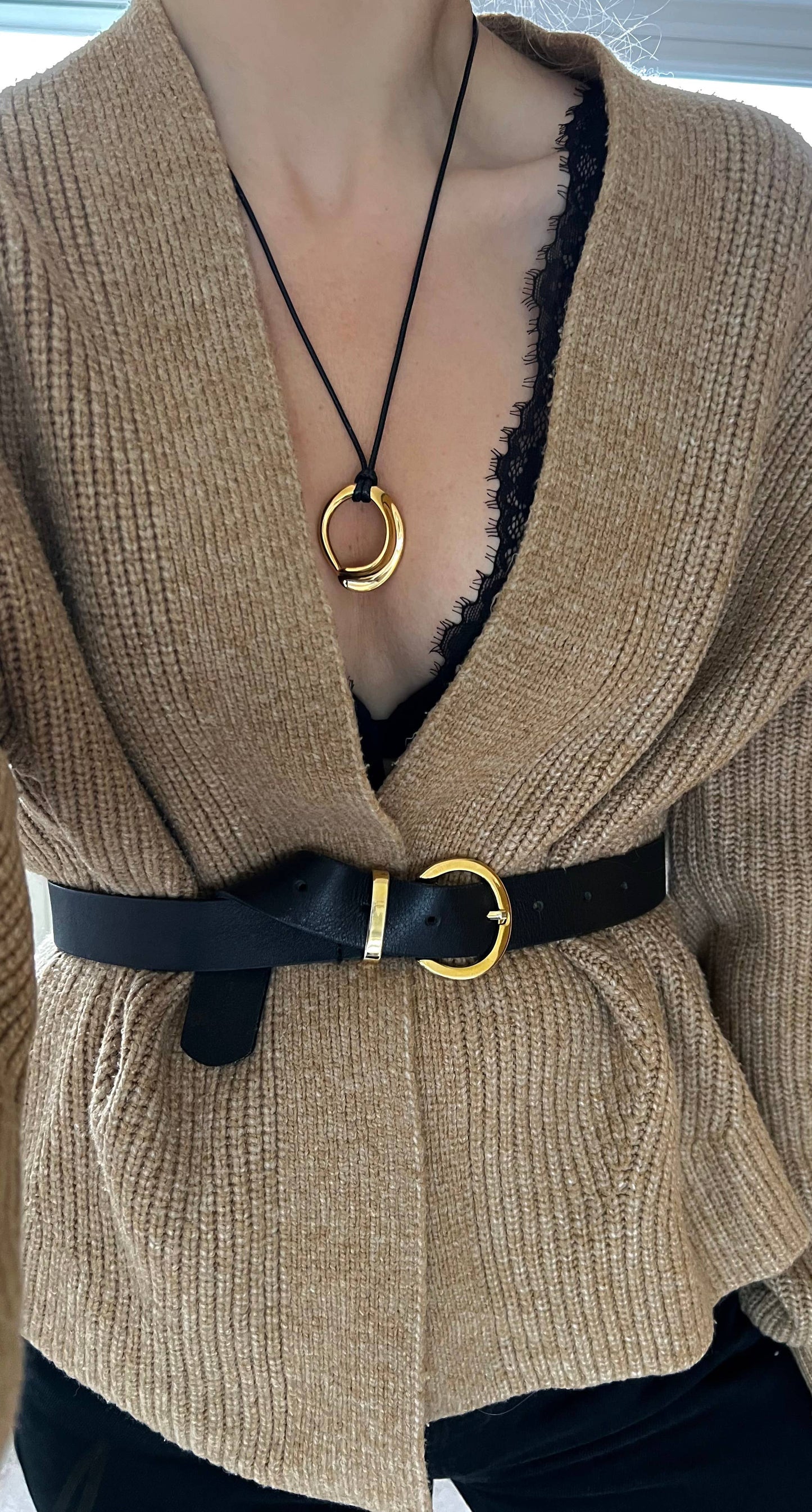 Organic shape pendant on cord necklace 18k Gold Plated