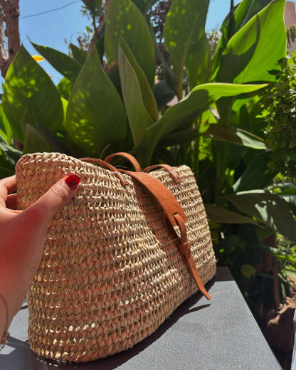 Handwoven Palm Leaf Beach Bag with Leather Shoulder Strap
