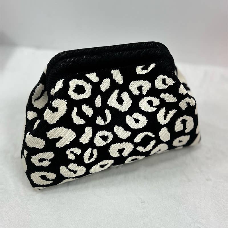 Leopard Knit Cloud Pouch Bag: Beige