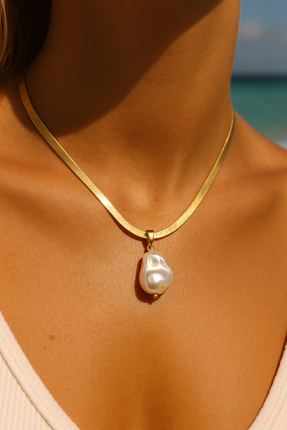 Snake Chain with Pearl Necklace 18k Gold Plated Waterproof
