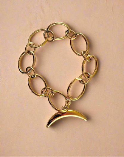Lunar Link Bracelet Waterproof 18k Gold Oval Chain & Moon: Gold