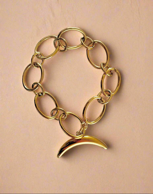 Lunar Link Bracelet Waterproof 18k Gold Oval Chain & Moon: Gold
