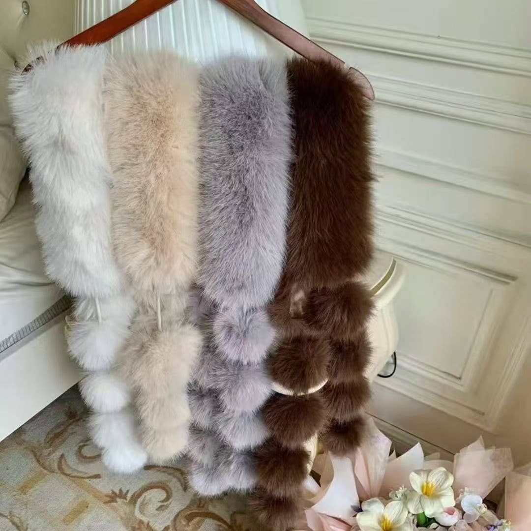Luxury Faux Fur Snood Scarf with Pom Poms: Chocolate