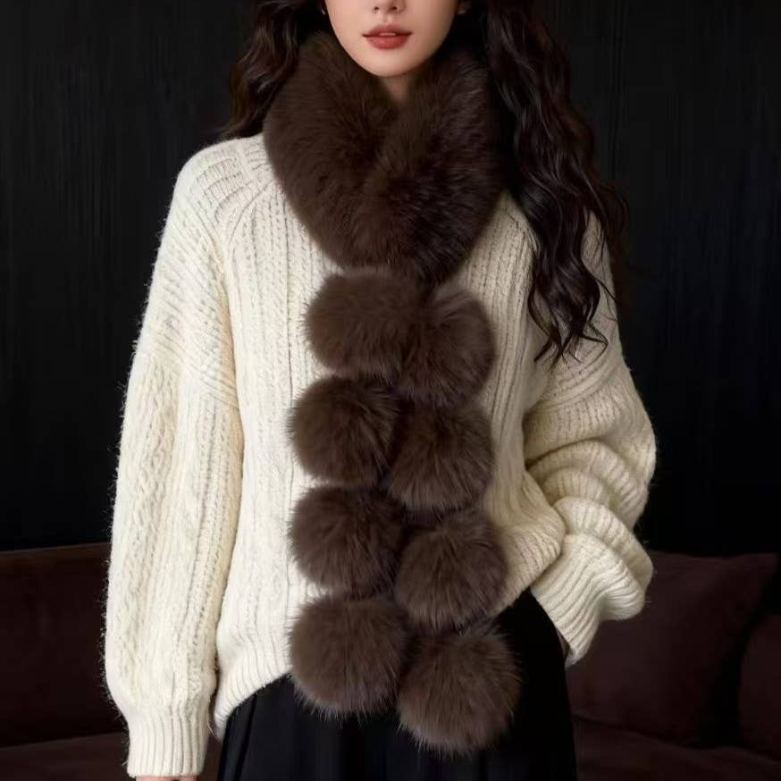 Luxury Faux Fur Snood Scarf with Pom Poms: Chocolate