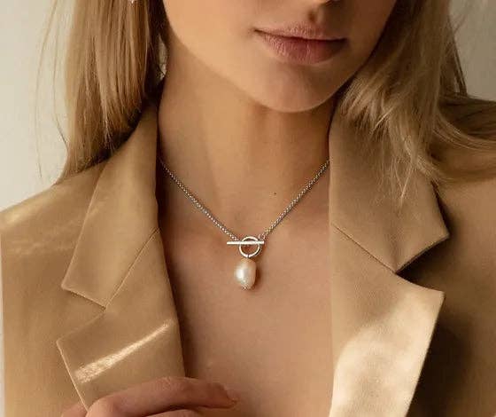 T Bar & Pearl Drop Necklace – Gold or Silver Plated Modern: Gold