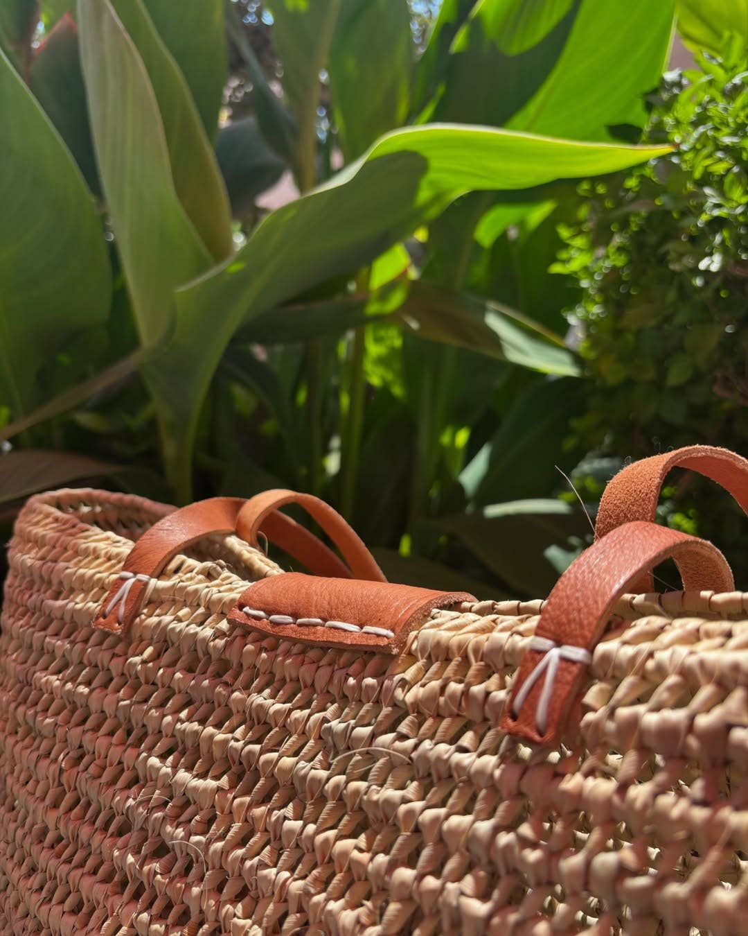 Handwoven Palm Leaf Beach Bag with Leather Shoulder Strap