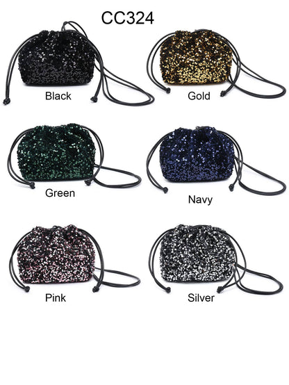 CC324-Carrier Co. Sequin Draw String Closure Cross Body Bag: Gold
