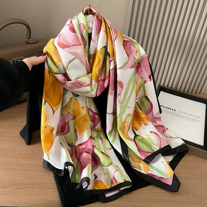 Calla Lily Motif Satin Scarf in Cream/Orange TT339