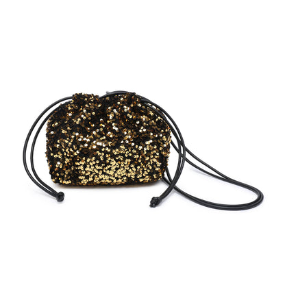 CC324-Carrier Co. Sequin Draw String Closure Cross Body Bag: Gold
