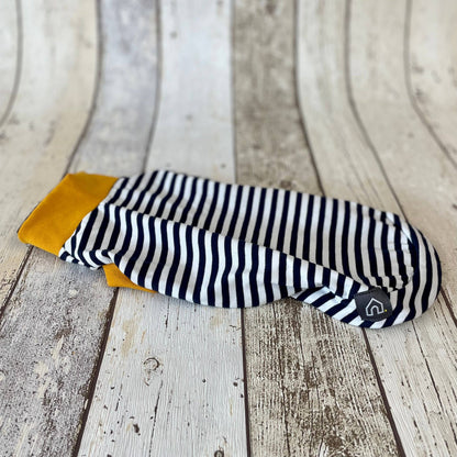 Summer T-Shirts for Dachshunds: Navy Stripes with Yellow / Small