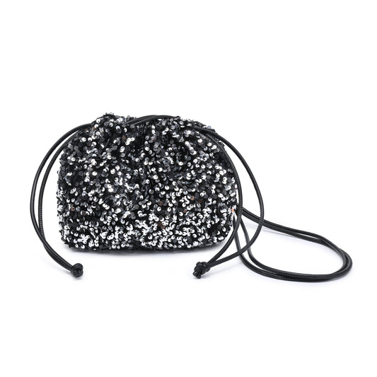 CC324-Carrier Co. Sequin Draw String Closure Cross Body Bag: Silver