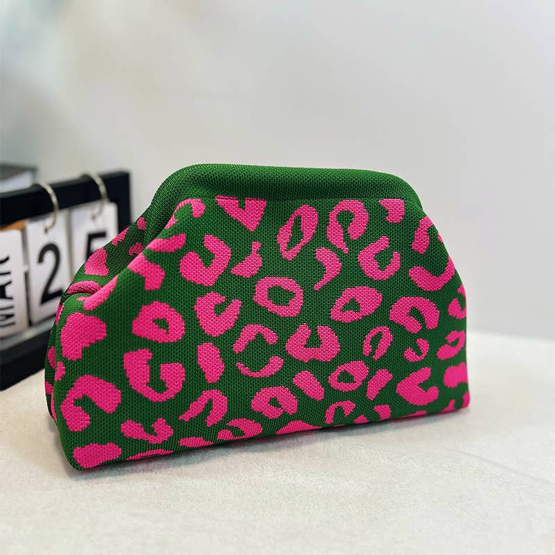 Leopard Knit Cloud Pouch Bag: Beige