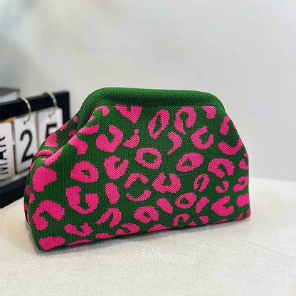 Leopard Knit Cloud Pouch Bag: Beige