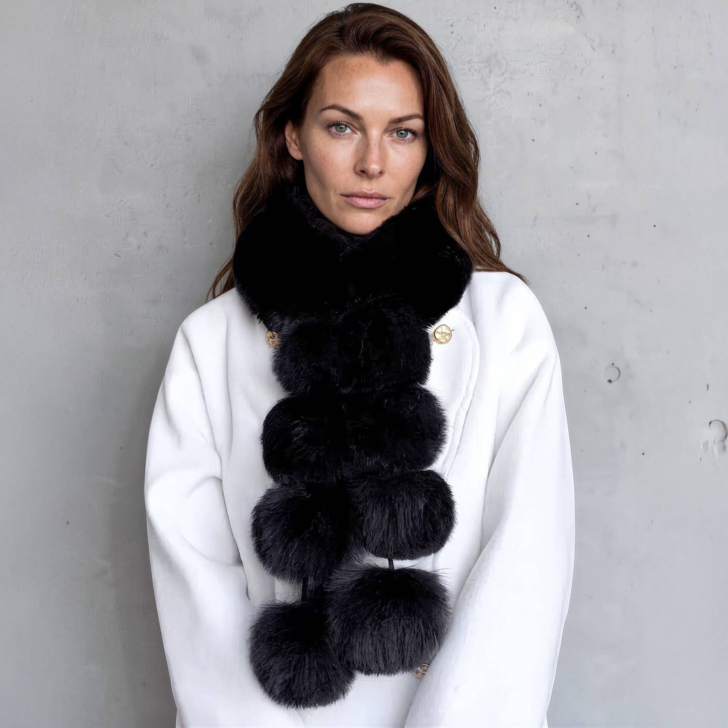 Luxury Faux Fur Snood Scarf with Pom Poms: Chocolate