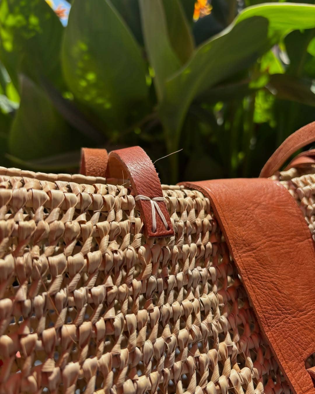 Handwoven Palm Leaf Beach Bag with Leather Shoulder Strap