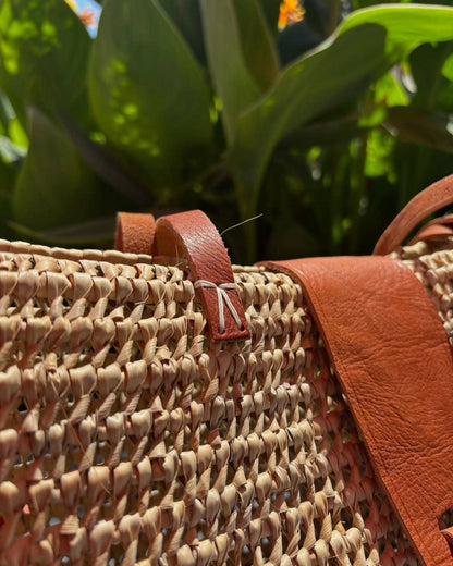 Handwoven Palm Leaf Beach Bag with Leather Shoulder Strap