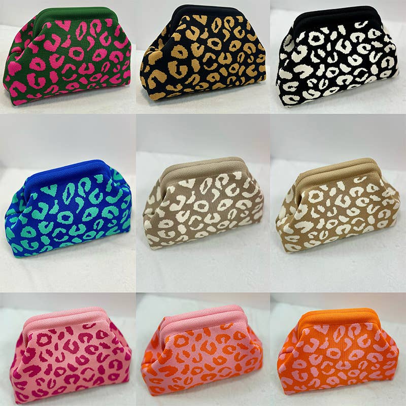 Leopard Knit Cloud Pouch Bag: Beige