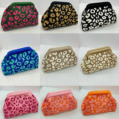 Leopard Knit Cloud Pouch Bag: Beige