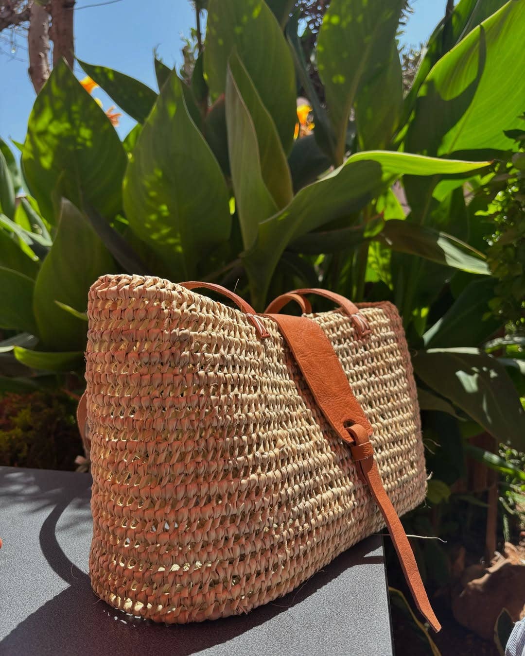 Handwoven Palm Leaf Beach Bag with Leather Shoulder Strap