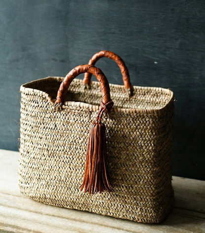 Handwoven French Market Straw Bag with Leather Handles