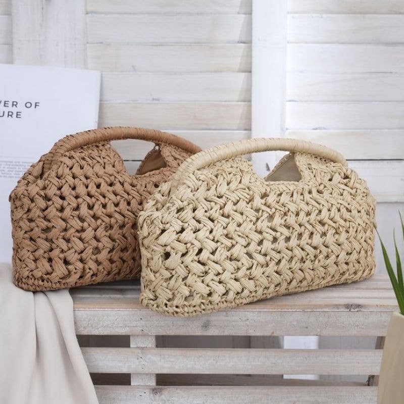 Woven Straw Summer Pouch Beach Bag: Cream