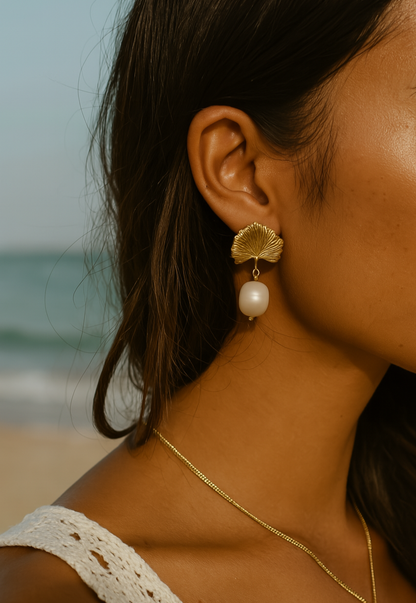 Leaf & Pearl Drop Earrings – 18k Gold Plated Waterproof