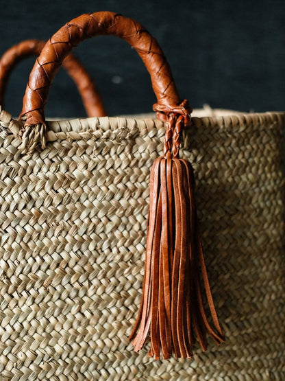 Handwoven French Market Straw Bag with Leather Handles