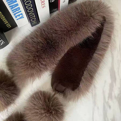 Luxury Faux Fur Snood Scarf with Pom Poms: Chocolate