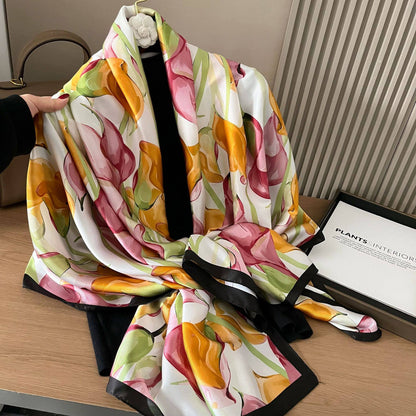 Calla Lily Motif Satin Scarf in Cream/Orange TT339
