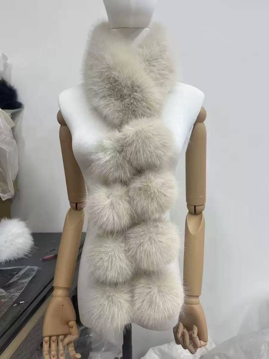 Luxury Faux Fur Snood Scarf with Pom Poms: Beige