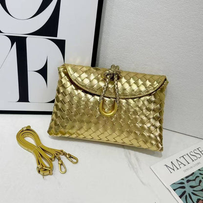 Woven Crossbody Bag with Gold Accent: Cream
