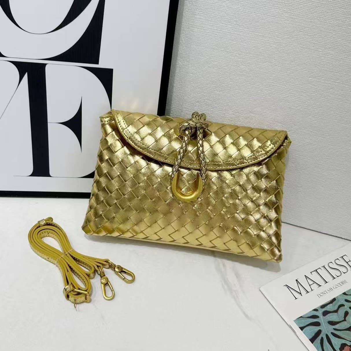 Woven Crossbody Bag with Gold Accent: Black