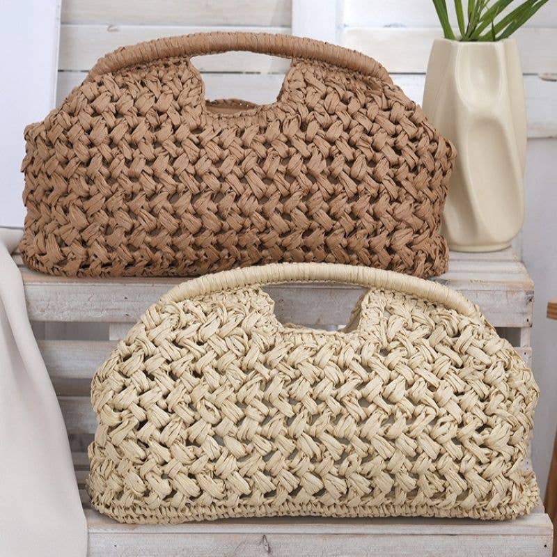 Woven Straw Summer Pouch Beach Bag: Cream