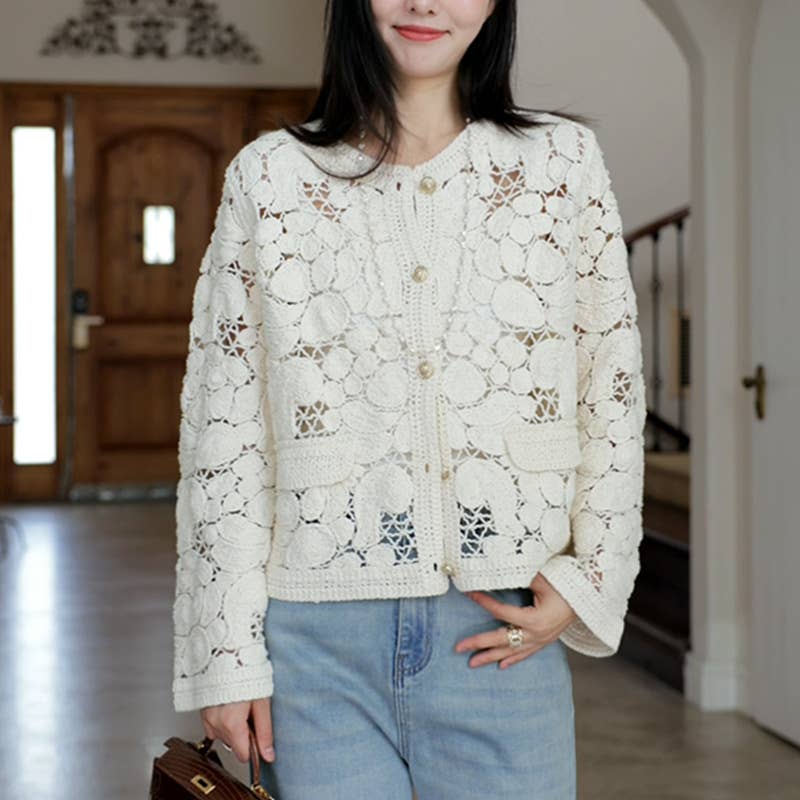 Cream Floral Crochet Cardigan