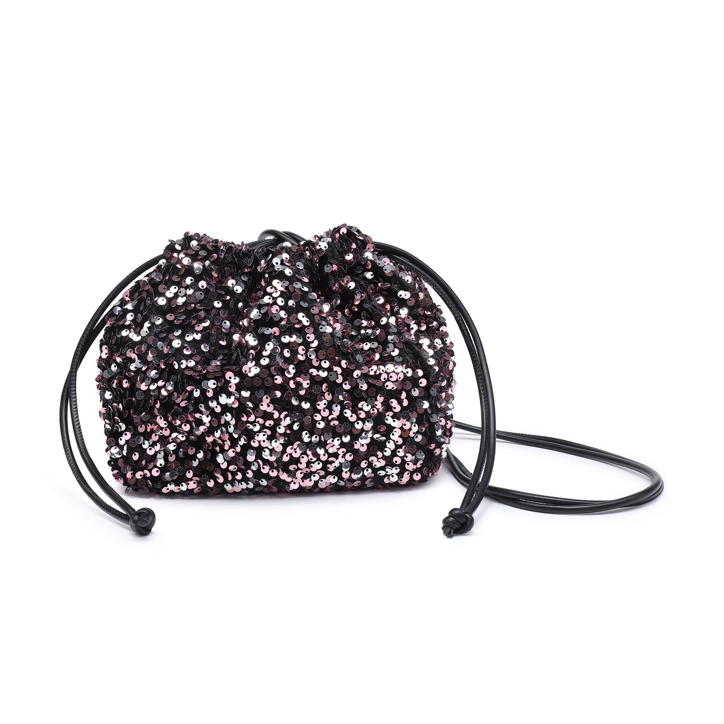 CC324-Carrier Co. Sequin Draw String Closure Cross Body Bag: Silver