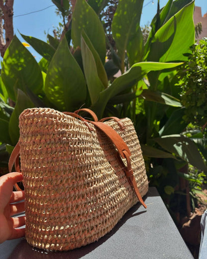 Handwoven Palm Leaf Beach Bag with Leather Shoulder Strap