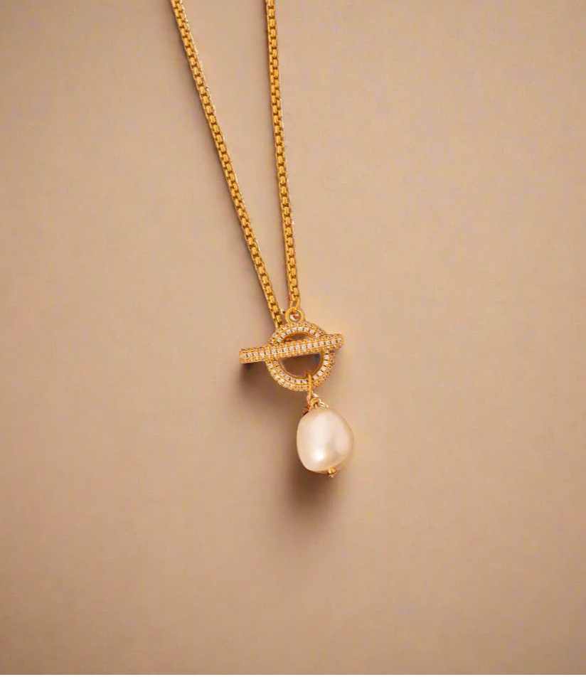 T Bar & Pearl Drop Necklace – Gold or Silver Plated Modern: Gold