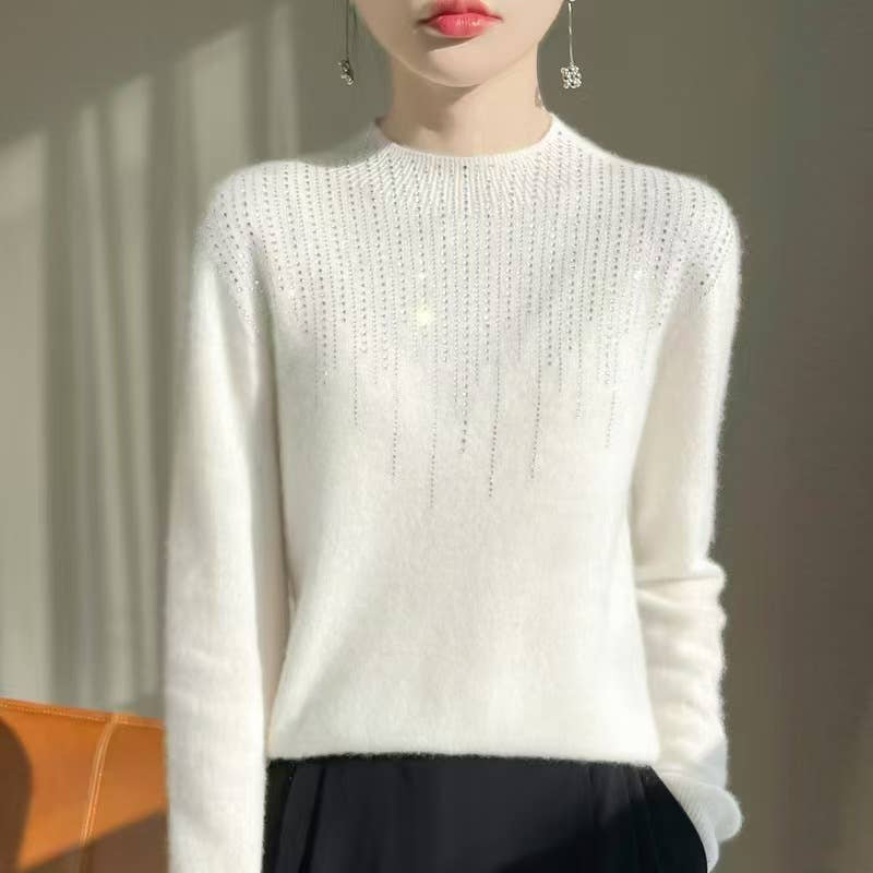 Sparkling Rhinestone Knit Sweater SK180: Cream