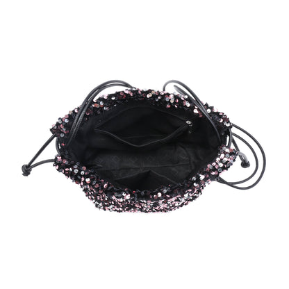 CC324-Carrier Co. Sequin Draw String Closure Cross Body Bag: Gold