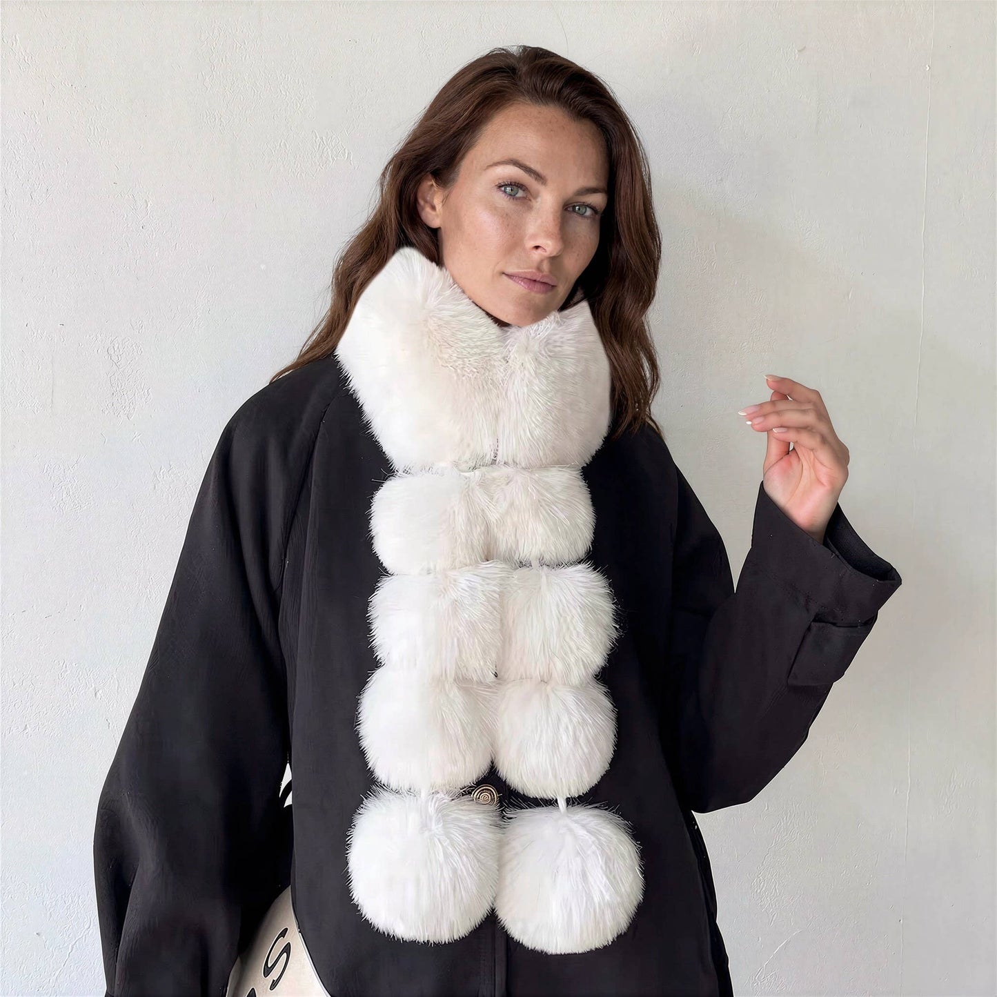 Luxury Faux Fur Snood Scarf with Pom Poms: Chocolate