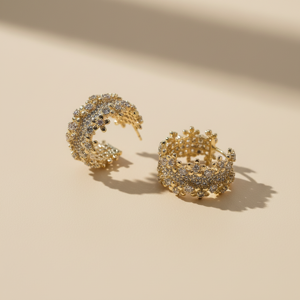 Gold Flower Sparkle Hoops Earrings Christmas Gift