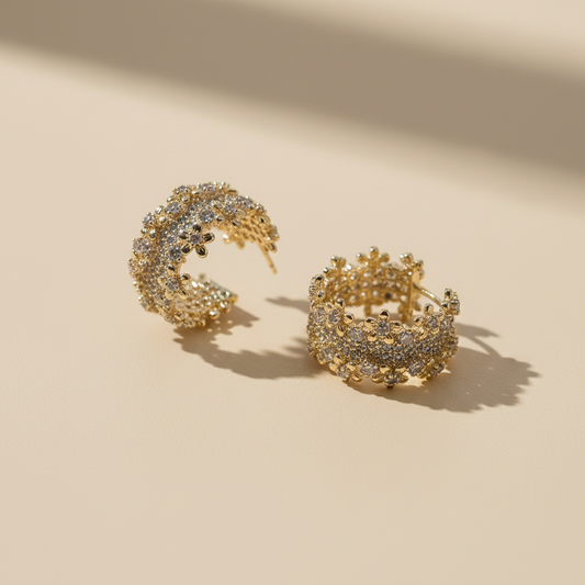 Gold Flower Sparkle Hoops Earrings Christmas Gift