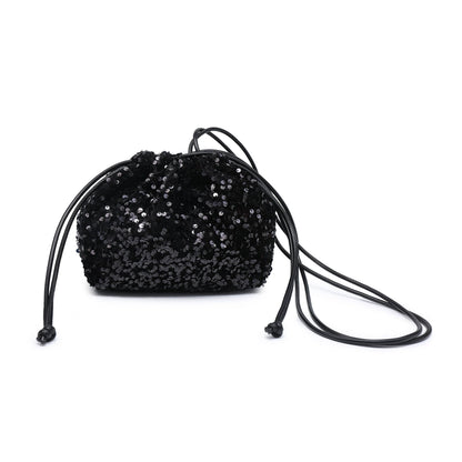 CC324-Carrier Co. Sequin Draw String Closure Cross Body Bag: Black