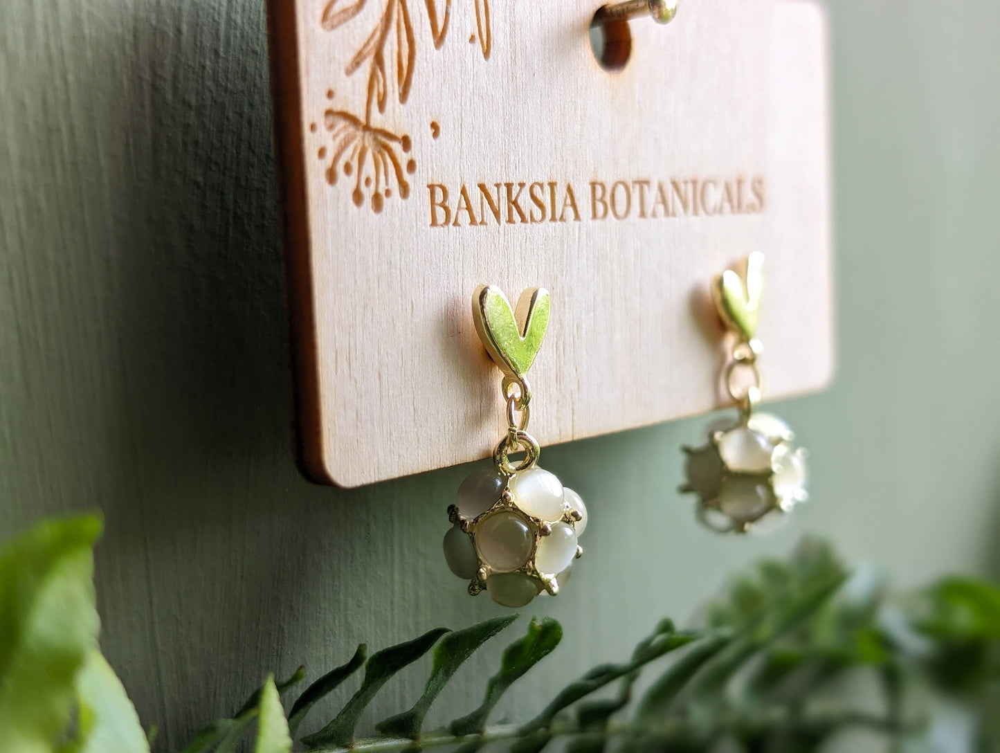 Gold Heart & Cat's Eye Ball Stud Earrings