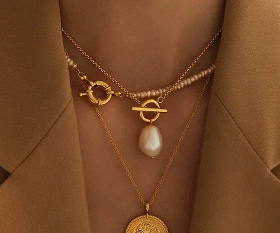 T Bar & Pearl Drop Necklace – Gold or Silver Plated Modern: Gold