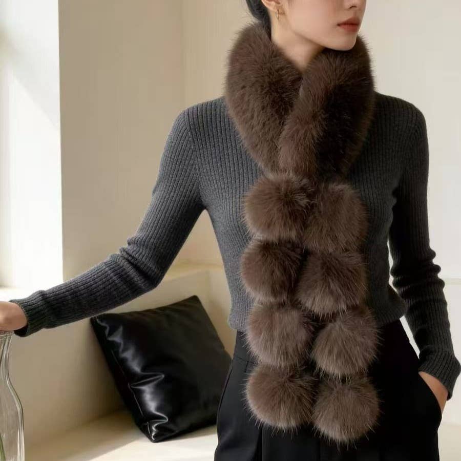 Luxury Faux Fur Snood Scarf with Pom Poms: Chocolate
