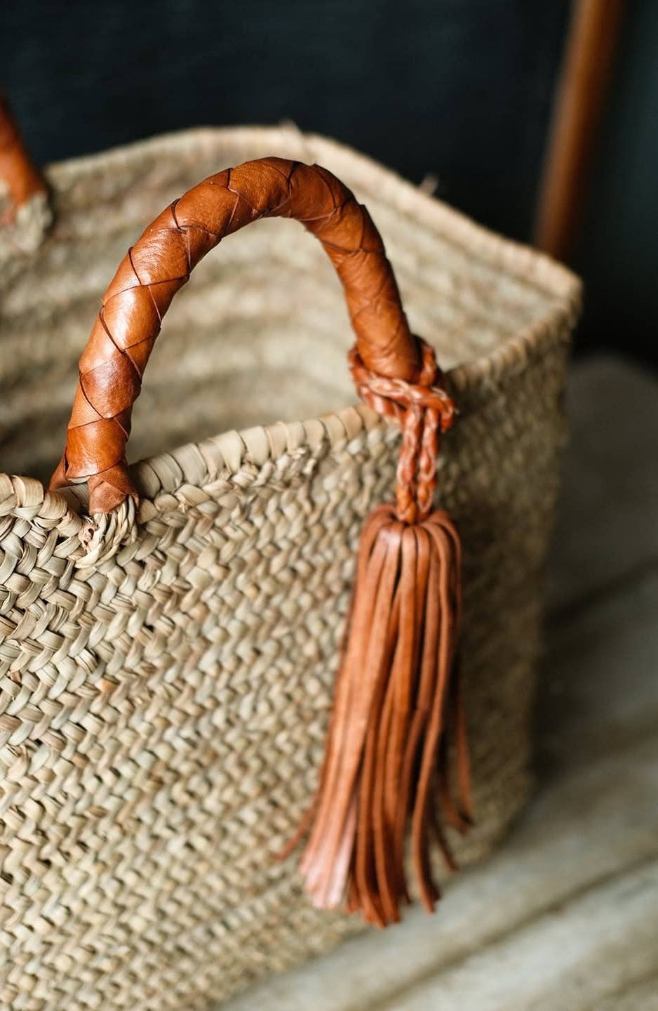 Handwoven French Market Straw Bag with Leather Handles