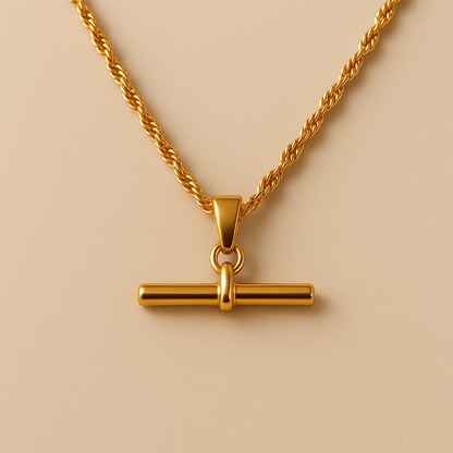 T Bar Pendant Necklace Rope Twist Chain 18k Gold Waterproof